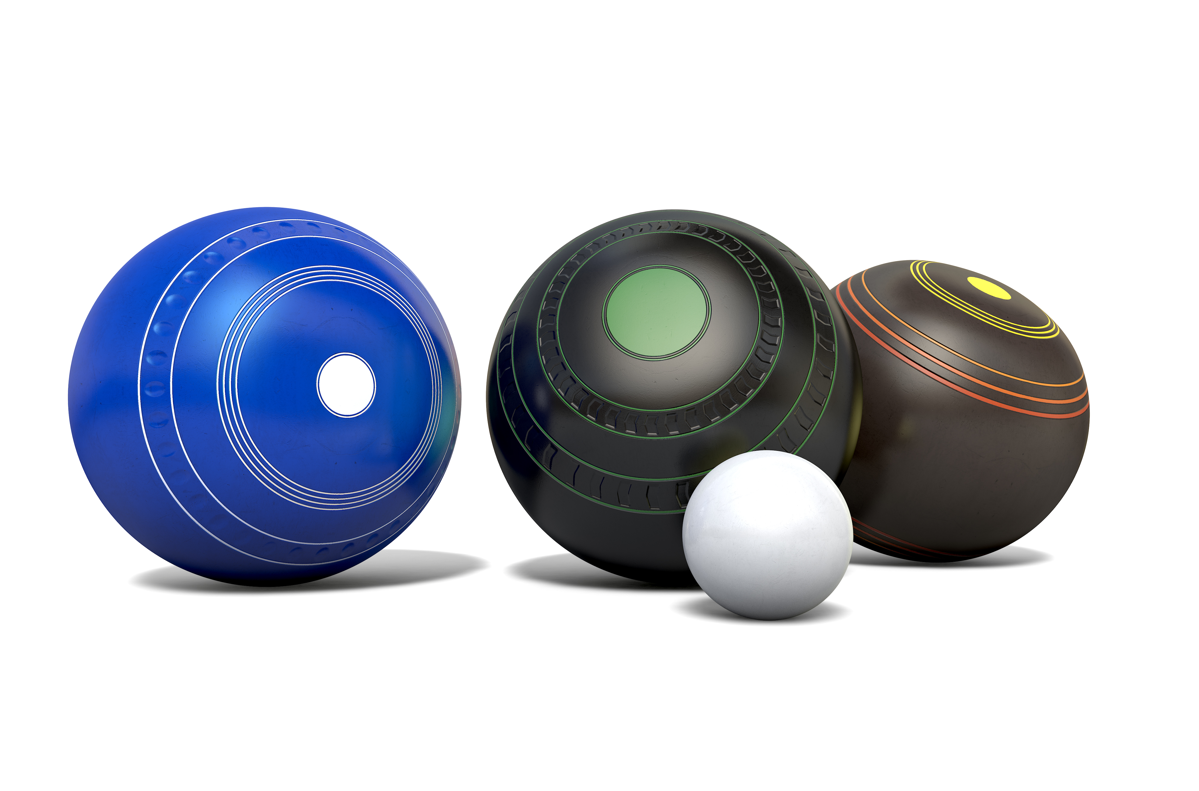 Three different designs of lawn bowling balls surrounding a white jack on an isolated white studio background - 3D render